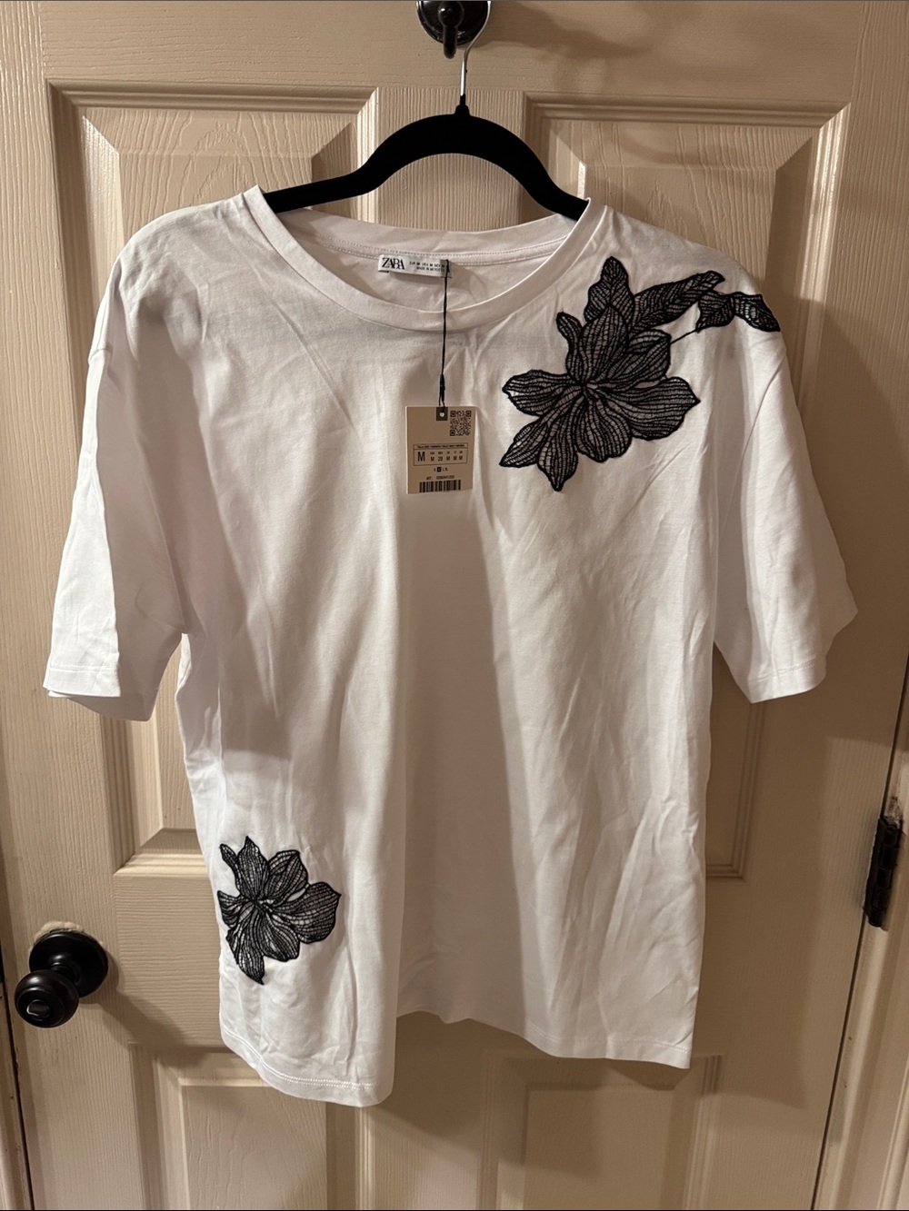 Zara White Tee with Black Floral Embroidery